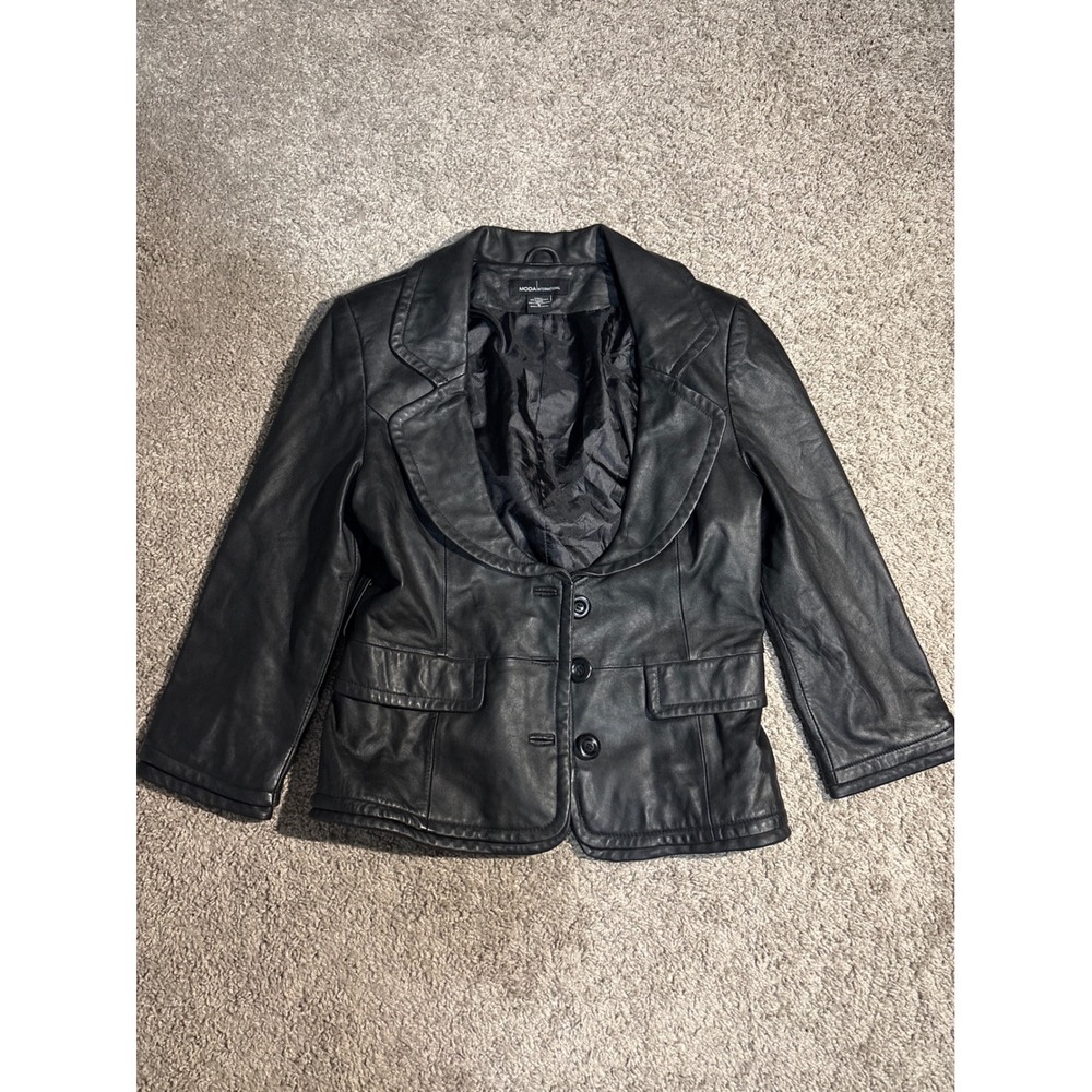 Y2K vintage Moda International Black Leather Blazer 3/4 Sleeve Shaw Jacket sz 6